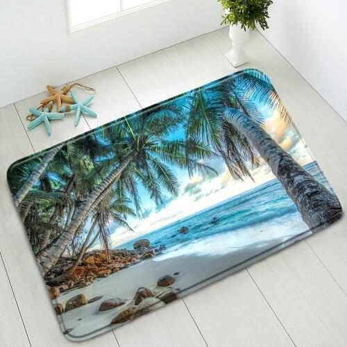 Summer Ocean Scenery Bath Mat Palm Tree Boat Non-Slip Floor Mat Bedroom Kitchen Doormat Absorbent Home Carpet Foot Pad Washable
