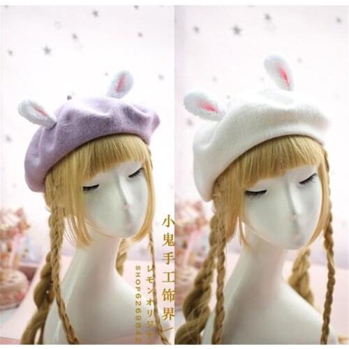 Sweet Lolita Cute Christmas rabbit ear Beret Handwork Womens Classic Wool Felt Painter Hat B555