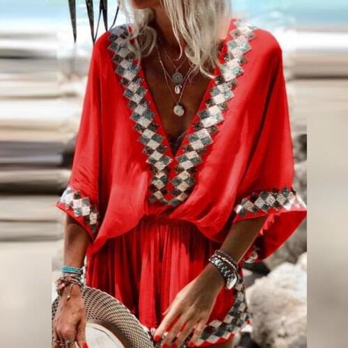 Ethnic Print Patchwork Elastic Waist Mini Dress Women Deep V Neck A-Line Boho Dress New Spring Summer Flare Sleeve Beach Dresses