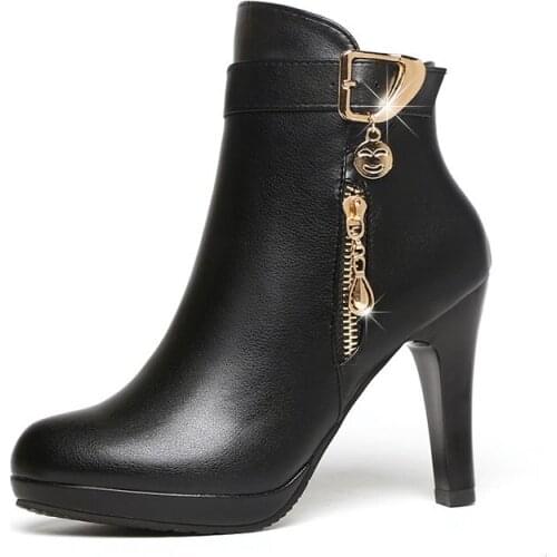 Fine heel Leather women chain boots sexy high heels ankle boots for women fur warm boots winter and autumn woman shoes plus size
