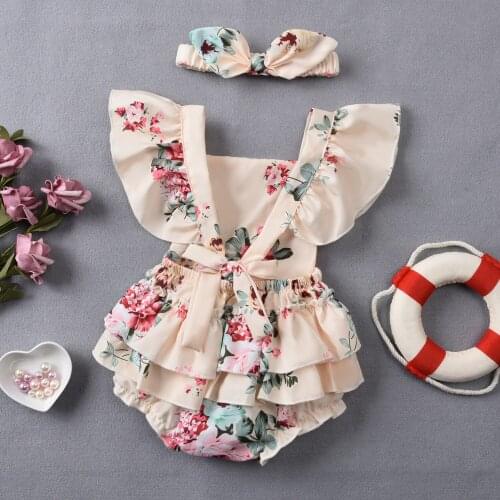 Summer New Baby Girls Princess Outfit Infant Cute Sweet Style Ruffle Floral Print Fly Sleeve Romper+Headwear Girls Party Clothes