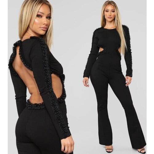 OKAYOASIS Free Shipping Sexy Women O-neck Long Sleeve Beading Bodycon Nightclub Jumpsuit Elegant Backless Rompers Overalls