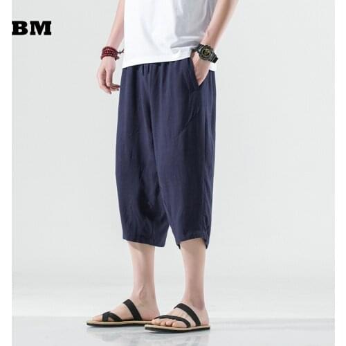 Summer Thin Linens Cropped Trousers 2021 Chinese Style Loose Plus Size Casual Shorts Male Oversized Balck Pants Men Clothing