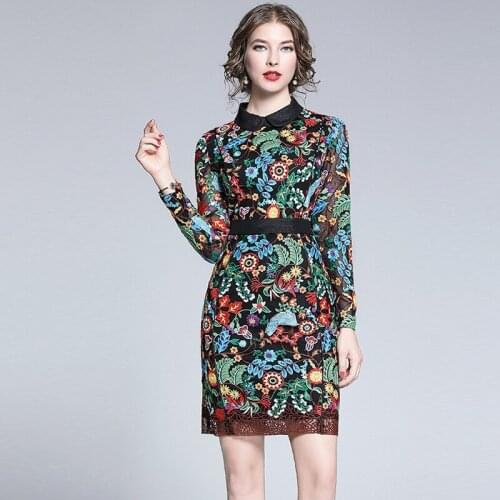 Runway New Women Summer High-End Flower Embroidery Slim Dress Vintage Designer Female Elegant Long Sleeve Party Banquet Dress