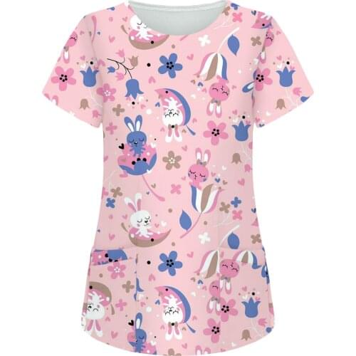 Women Shirt Cute Cartoon Print Nursing Scrubs Tops Short Sleeve Tops Working Uniform Pocket Easter Rabbit Printed Pocket Clothes