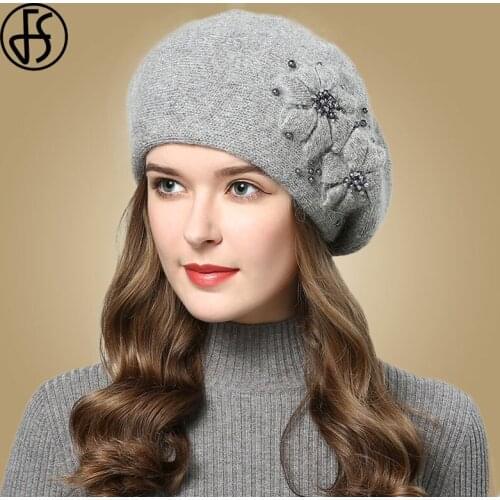 FS Winter Hats For Women Beanie Rabbit Fur 2020 Warm Knitted Hat Flower Double Layers Warm Beret Snow Caps Gorros Femme
