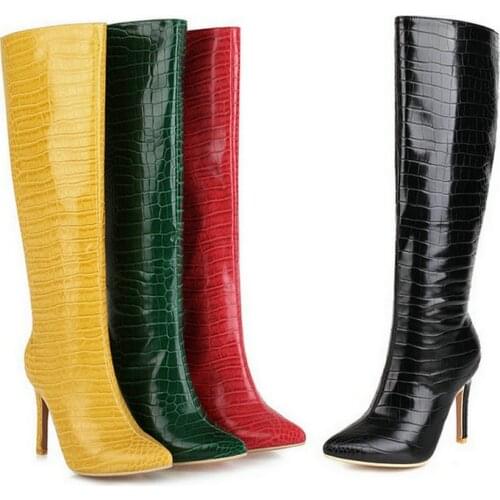 2021 PU Leather Women Knee High Boots Fashion Thin High Heel Pointed Toe Ladies Long Boots Stone Print Womens Shoes Green Red