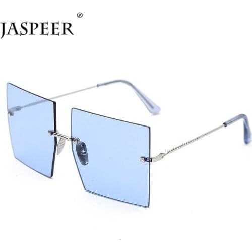 JASPEER Oversized Rimless Square Sunglasses Women Trendy Fashion Ladies Retro Sun Glasses Red Brown Tinted Color Lens UV400
