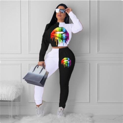 2 Piece Set Women Autumn Outfit Casual Lips print Sweatshirt Tops Pants Sets Tracksuit Streetwear Female Long Sleeve Casual Suit