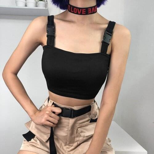 Womens Sleeveless Sport Vest Schoolbag Buckle Vest Black Top Streetwear Camisole Slim Fit Shirts Clubwear Gym Tank Tops