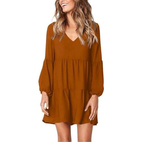Solid Color Dresses For Women Summer V-Neck Long Sleeve Swing Shift Loose Elegant Mini Dress Robe Femme Women Summer Clothes