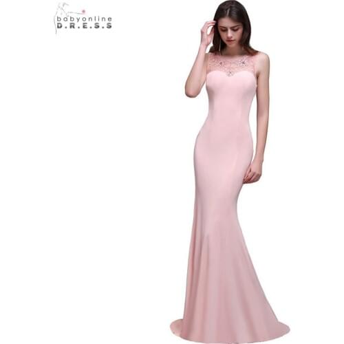 24 Hours Shipping Pearl Pink Mermaid Long Evening Dress Sexy Backless Lace Evening Party Dresses O-neck Robe De Soiree