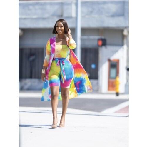 2021 Summer Casual Fashion Women Slimming Street Sexy Print Tie-Dyed Cape Long Sleeve Two-Piece Set