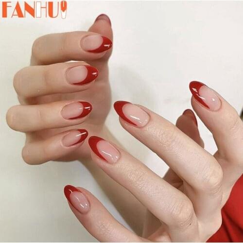 Red Edge French False Nail Press On Nails Almond Nail Tips With Design Full Cover Fake Nails Fingernail Supplies Detachable 24pc