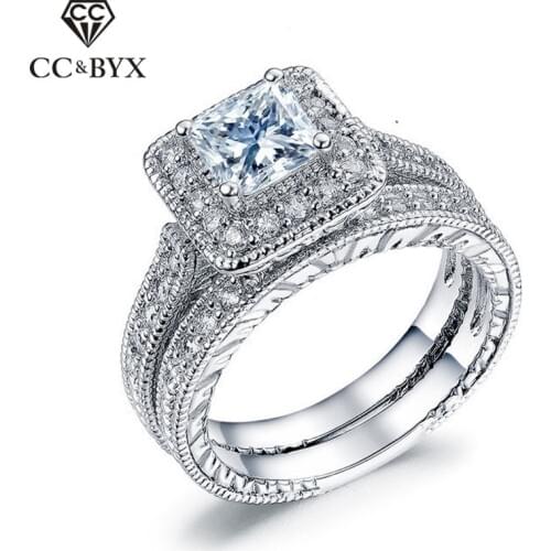CC Couple Sets Rings For Women Silver Bridal Wedding Cubic Zirconia Square Stone Luxury Lovers Jewelry Engagement Anillos CC1608