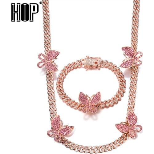 Hip Hop AAA Bling 8MM Miami Butterfly Cuban Chain Iced Out Rhinestone Paved Necklaces Bracelets for Women Men Jewelry