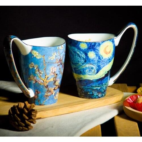 600ml Large Porcelain Mugs With Big Handle Famous Painting Design Bone China Cups For Coffee Tea Water Europe Kitchen Home Decor