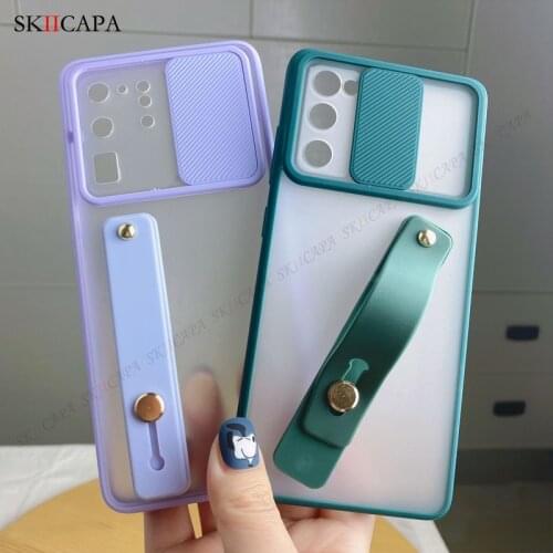 Candy Color Wrist Strap Holder Phone Case for Samsung Quantum 2 A82 S21 S20 Note 20 Ultra A72 A52 Slide Camera Protective Cover