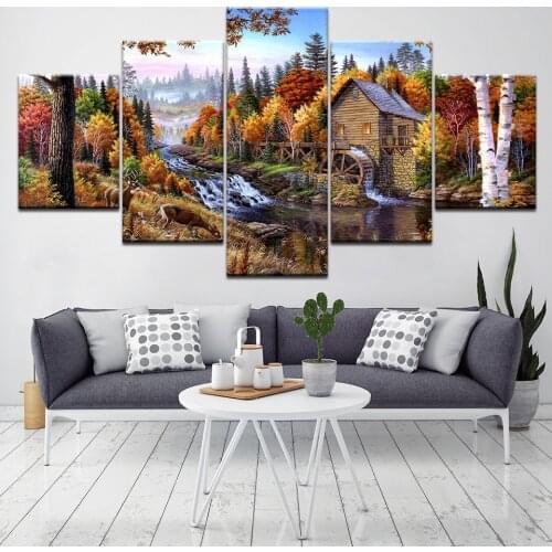 Small village in the forest landscape 5 Piece Wallpapers Art Canvas Print modern Poster Modular art painting Home Decor