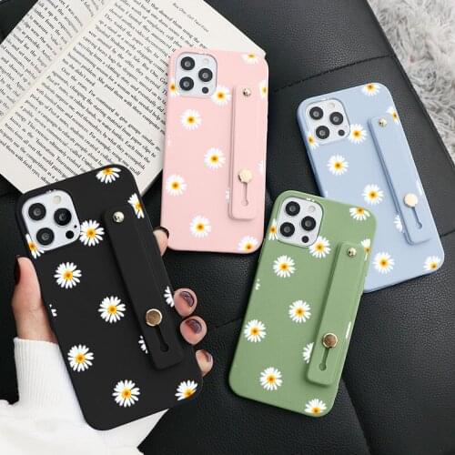 Fashion Luxury Daisy Flower Phone Case For iPhone 11 12 Mini Pro Max XS X XR 5 6 6S 7 8 Plus SE 2020 TPU Wrist Strap Stand Cover