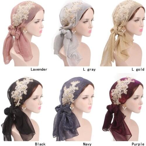 Muslim Bright Silk Pleated Tam-O'-Shanter Gold Bead Lace Womens Scarf Cap