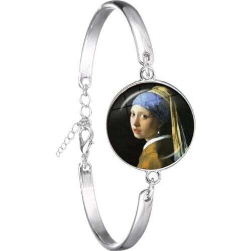 Charm Girl Wearing Pearl Johannes Vermeer Art Oil Painting Silver Plated Chain Bracelet Glass Cabochon Bangle for Women Men Gift