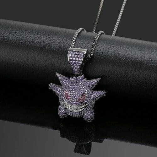 Full Purple Zircon Hiphop Personality Funny Necklace Pokemon Color Ghost Cartoon Pendant Necklace
