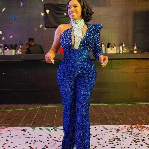 Arabic Aso Ebi Royal Blue Prom Dresses Plus Size Sparkly Jumpsuits Beads Sequined Formal Party Second Reception Gowns