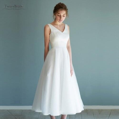 Simple Short Wedding Dress 2021 V Neck Sleeveless A Line Organza Tea Length Bridal Dresses Vestidos De Noiva Bride Gown SWD037