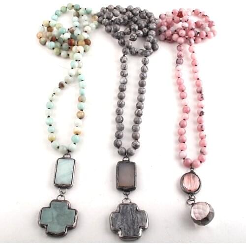 RH Fashion Beaded Jewelry Stone Bead Long Knotted Cross Pendant Necklaces For Women