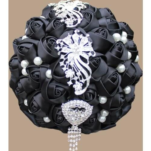 Luxury Bridal Bridemaids Bouquet Black Satin Rose Flowers Rhinestone Brooch Wedding Bouquets Floral Handmade Holding Flower