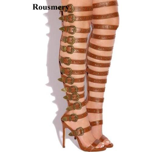 Sexy New Design Women Fashion Straps Combined Over Knee Gladiator Boots Spike Long High Heel Boots Evening Dress Shoes
