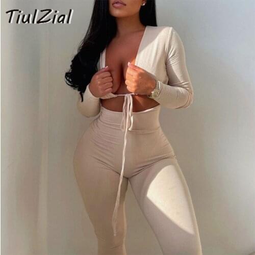 TiulZial Sportwear Hollow Out Jumpsuit Romper Long Sleeve Lace Up Overall Rompers Tracksuit Women Outfit Bodycon Jumpsuit