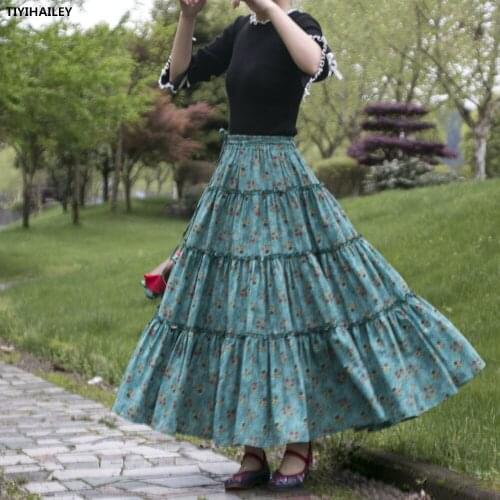 TIYIHAILEY Free Shipping 2021 New Fashion Long Maxi A-line Elastic Waist Women Cotton And Linen Print Flower green Big Hem Skirt