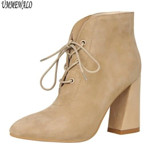 UMMEWALO Boots Women Ankle Length Flock Boots Fashion Pointed Toe High Heel Shoes Winter Ankle Boots Ladies Shoes