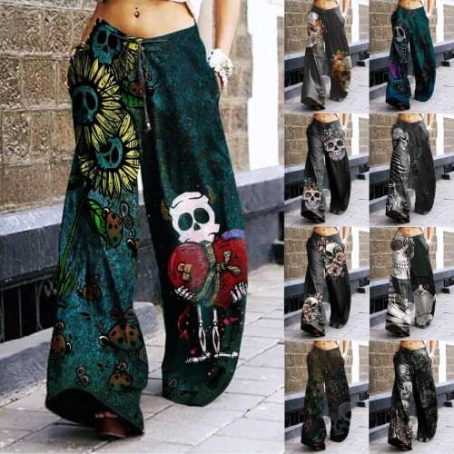 Womens Halloween Horror Skull Print Pants Boho Punk Hippie Floral Multi-print Wide Leg Pants With Pockets Trouser Streetwear
