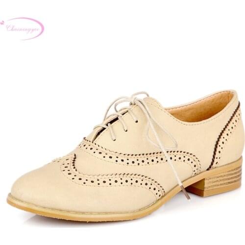 Chainingyee leisure sweet Oxford shoes front lace up decoration low heels beige black brown women shoes big size 34~43CN