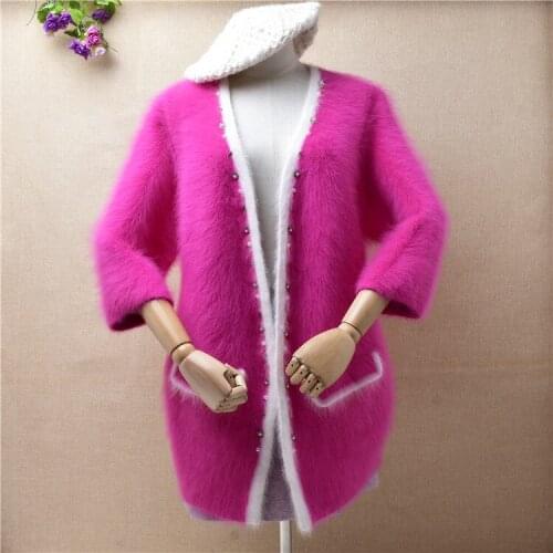 Female women pull rose hairy plush mink cashmere knitted half sleeves loose cardigan angora fur winter jacket coat sweater pull