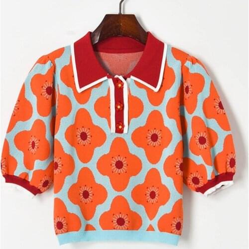 Lapel Color Contrast Flower Jacquard Thin Sweater Summer Puff Sleeve Knitted Tops Women Chic Button New Woman Sweaters