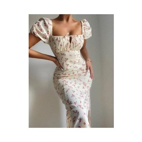 Womens Gentle Long Slit Dress Beige Floral Printed Pattern Short Sleeve Square Collar Ruched Chest Lace-Up Elegant Wild Dress