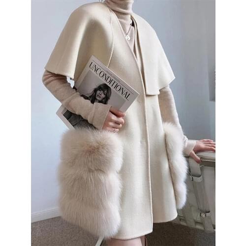 MENINA BONITA 2021 Real Fur Coat Cloak Winter Jacket Women Natural Fox Fur Pocket Cashmere Wool Blends Ladies Streetwear New