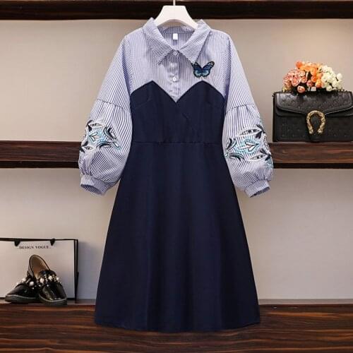 5XL plus size women Stripe Patchwork butterfly embroidery dress autumn winter 2021 fashion Two fake turn down collar dresses