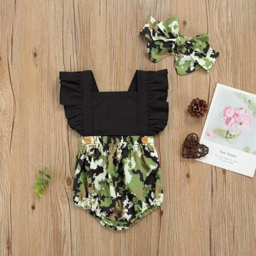 2021 Summer Fashionable Baby Girls Clothes Bodysuit Toddlers Creative Camo Printing Splicing Fly Sleeve Playsuit+Headwear Set