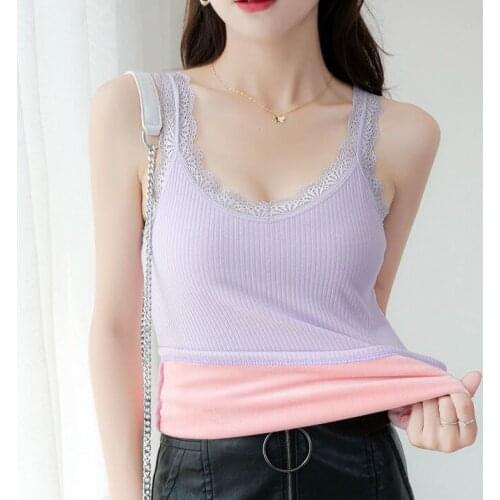 Women 2021 Autumn Winter Fashion Lace V-neck Vest Tops Female Solid Color Sleeveless Tops Ladies Slim Warm Camisole Tops E157