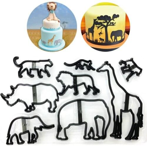 8Pcs Animal Cookie Cutter Plastic Fondant Cutter Elephant Lion Giraffe Leopard Safari Silhouette Cake Mold Cake Decorating Tools