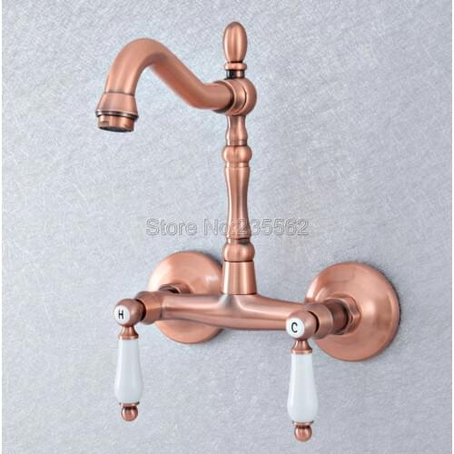 Antique Red Copper Brass Wall Mounted Bathroom Kitchen Sink Faucet Swivel Spout Mixer Tap Double Ceramic Handles Levers Lsf897