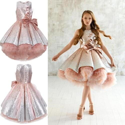 Shiny Knee Length Flower Girl Dresses with Bow Sash Feathers Girls Ball Gown Sequined Pageant Dress Sleeveless Kids Formal Wear