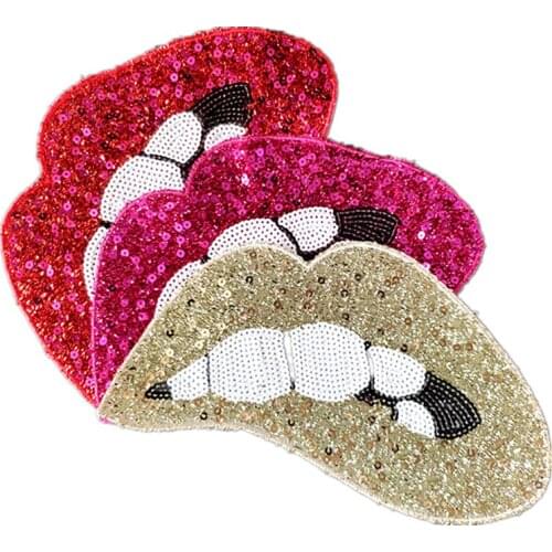 Sequin Mouth Embroidered Letters Sew on Patches Craze Red Lips Badges for Bag Jeans Hat T Shirt DIY Appliques Craft Decoration