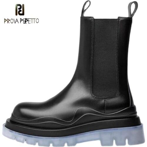 Round Thick Bottom First Layer Cowhide Elastic Elastic Band Stitching Martin Boots Retro Chelsea Boots Men and Women Boots