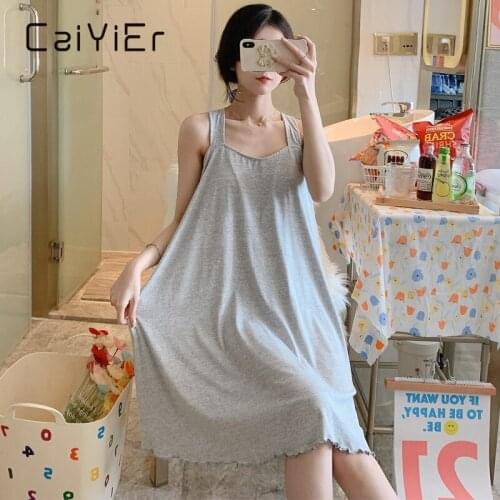 CAIYIER Summer Sexy Backless Strap Night Skirt Women night ski Suit Simple Pure Color Girl with Breast Pad Nightgown Knee-Length